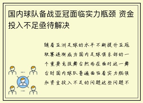 国内球队备战亚冠面临实力瓶颈 资金投入不足亟待解决